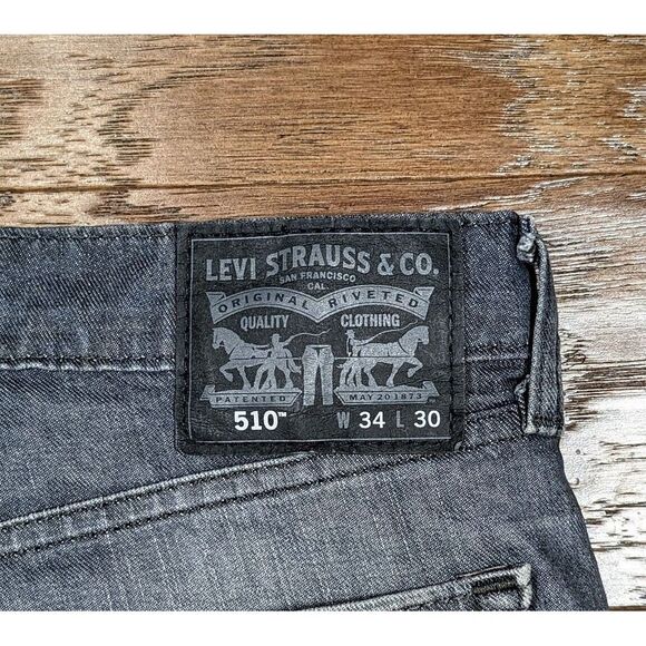 Levi's 510 Mens 34x30 Faded Black Denim Slim‎ Fit Zip Fly Red Tab Jeans - Picture 14 of 15